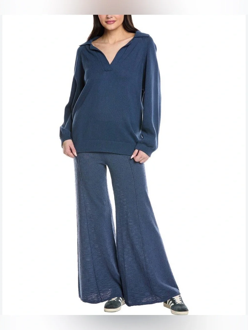 Free People Free-Est Beach Drea Sweater Rib Knit Polo Pullover Navy Blue Size S